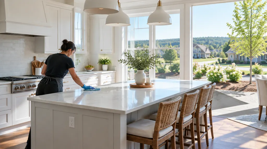 A house cleaner wiping a bright kitchen island in Indian Land, SC