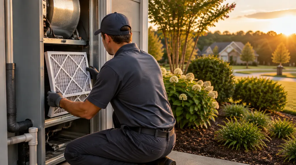 A technician replacing an air filter in an indoor air handler in Indian Land, SC