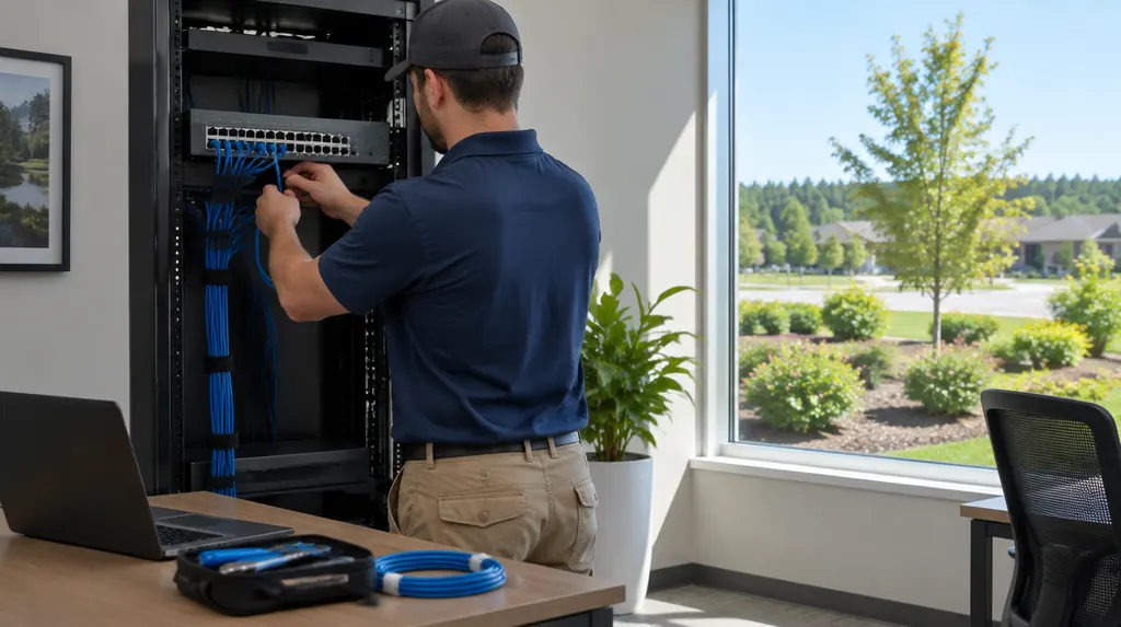 A technician setting up a network switch in an office in Indian Land, SC