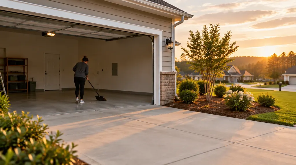 A cleared-out garage being swept in Indian Land, SC