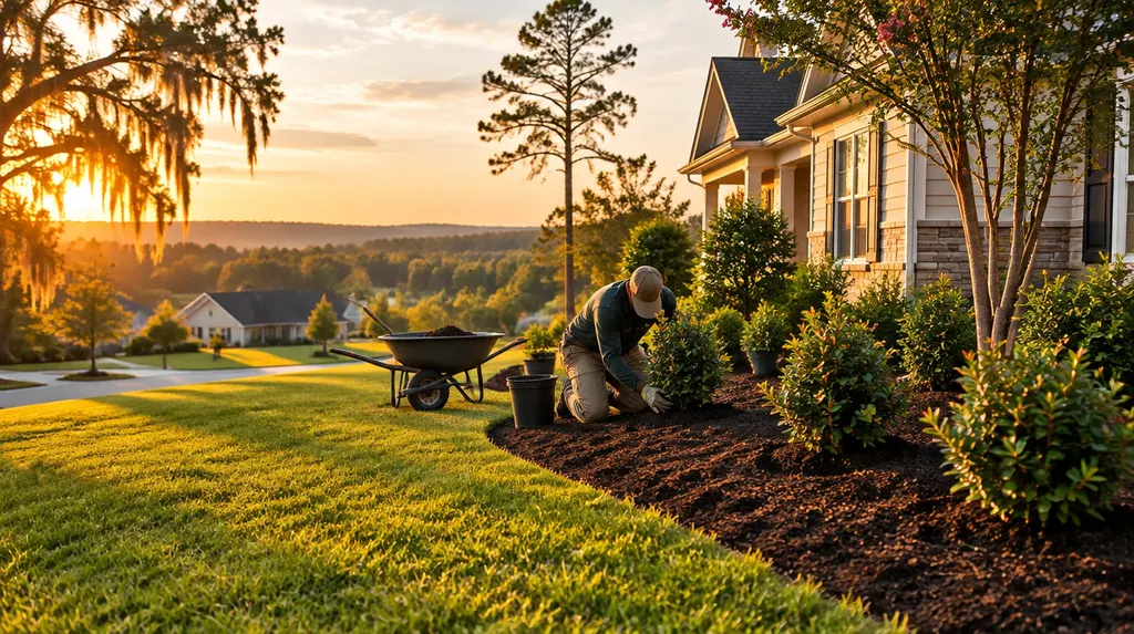 A landscaper planting shrubs in a fresh mulch bed in Indian Land, SC