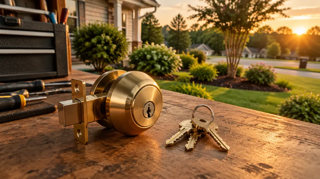 A new brass deadbolt lock and a set of keys on a locksmith’s workbench in Indian Land, SC