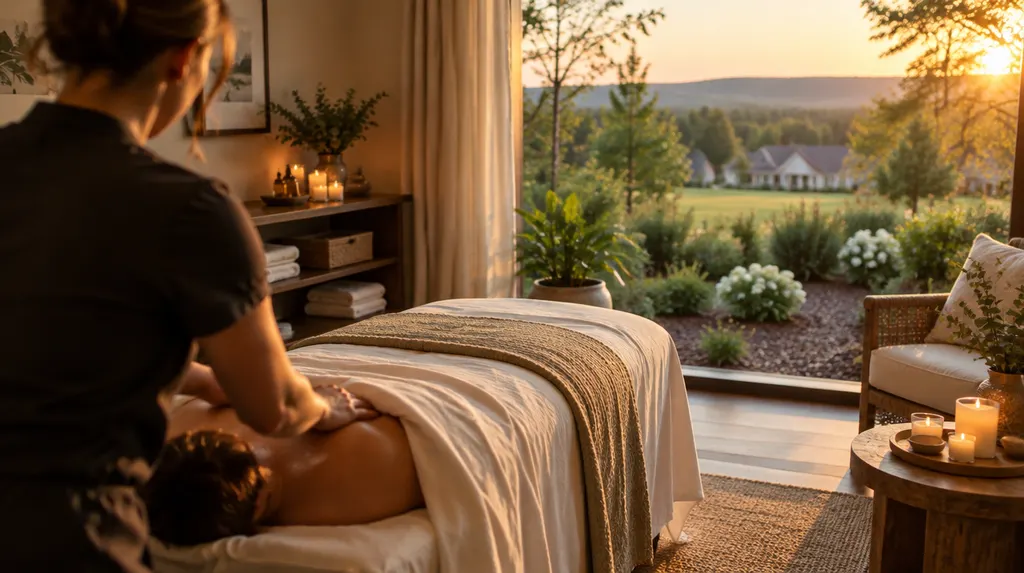 A calm massage room with a draped table and candles in Indian Land, SC