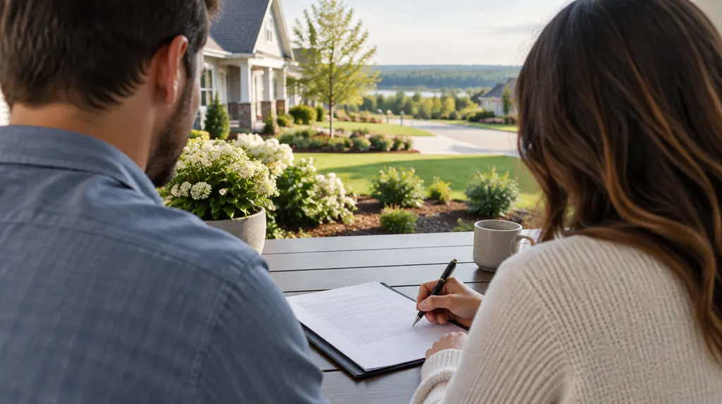A couple signing loan papers at a table in Indian Land, SC