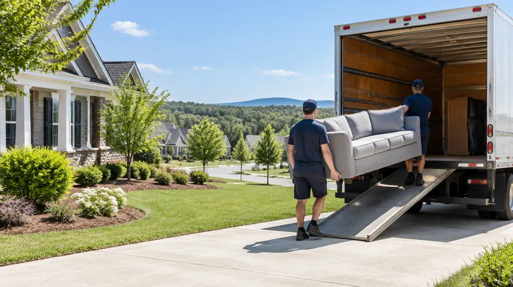 Movers carrying a sofa into a moving truck in Indian Land, SC