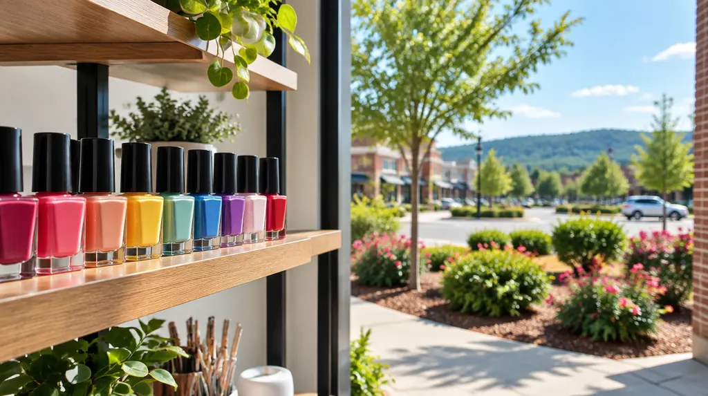 Colorful nail polish bottles on a shelf in Indian Land, SC