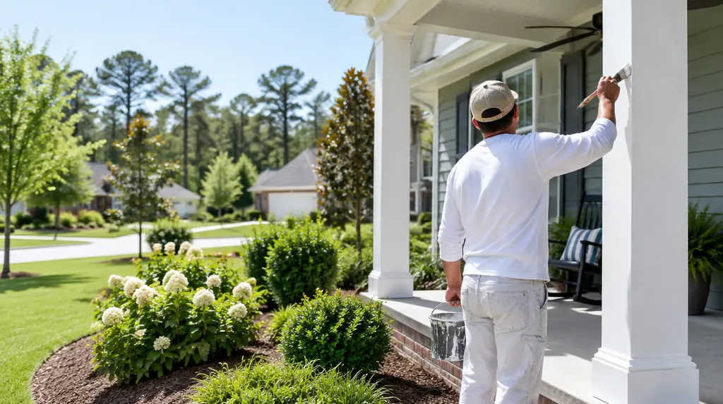 A painter brushing white trim on a porch in Indian Land, SC