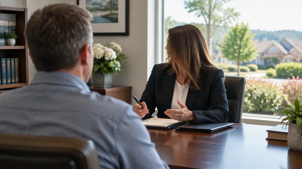 An attorney meeting a client across a desk in Indian Land, SC