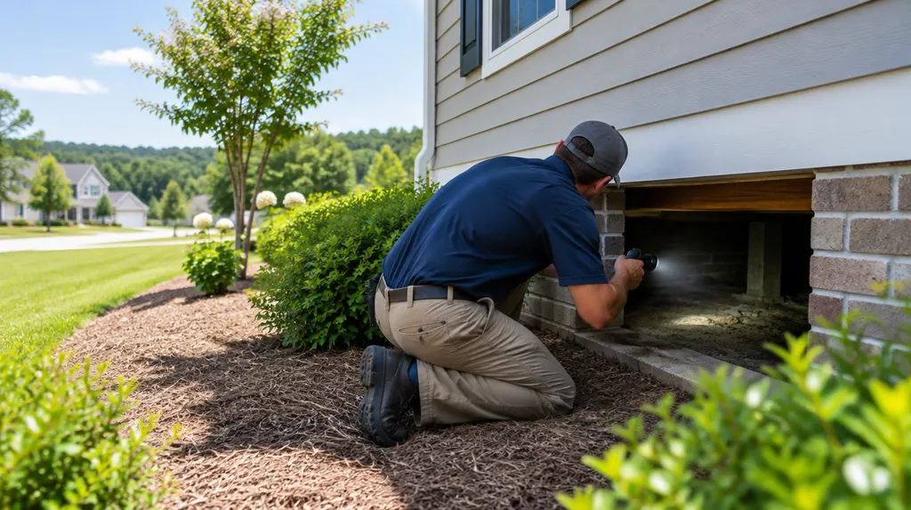 A technician inspecting a crawl space with a flashlight in Indian Land, SC