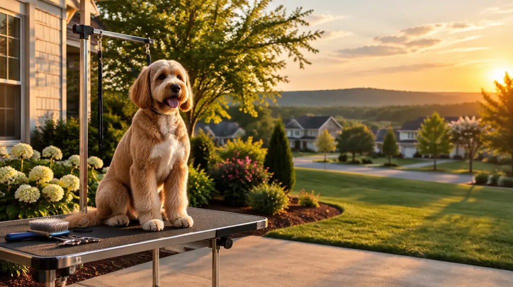 A freshly groomed dog on a grooming table in Indian Land, SC