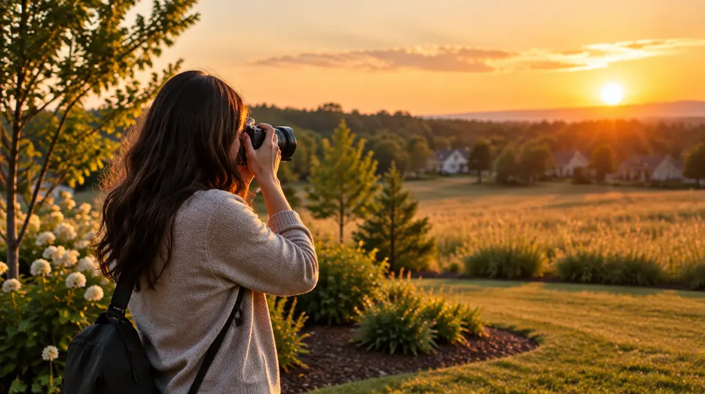 A photographer holding a camera at a golden-hour field in Indian Land, SC