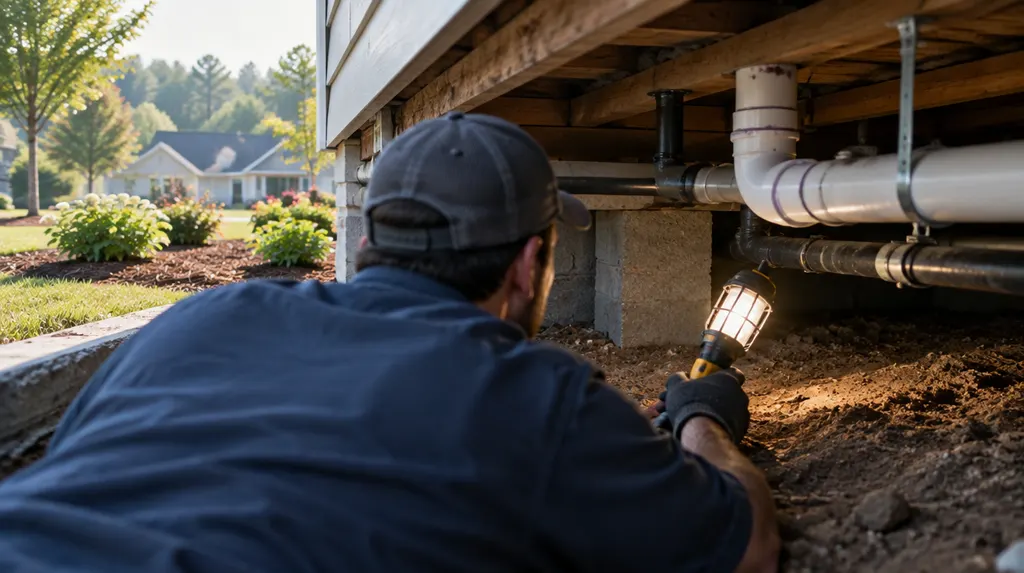 A plumber checking pipes in a crawl space with a work light in Indian Land, SC