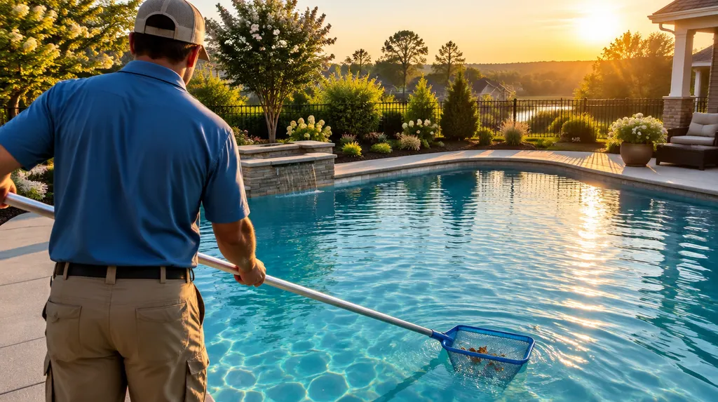 A pool technician skimming a sparkling backyard pool in Indian Land, SC