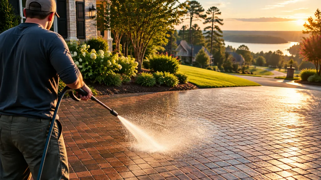 Pressure washing a brick driveway with sparkling spray in Indian Land, SC
