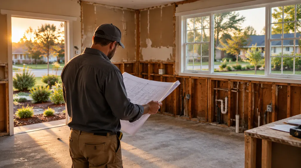 A contractor reviewing plans in a gutted kitchen in Indian Land, SC