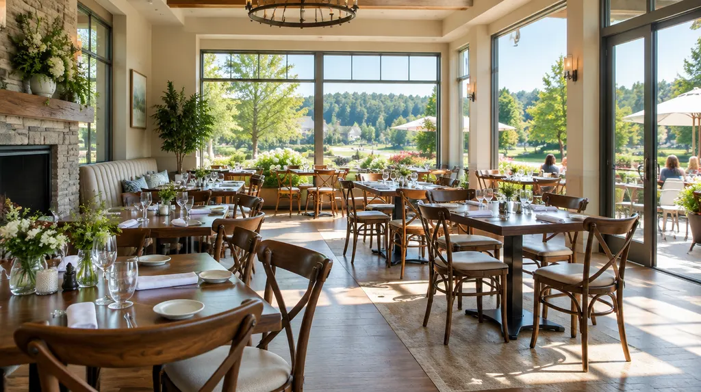 A cozy restaurant dining room with set tables in Indian Land, SC