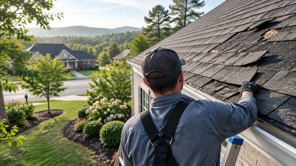 A roofer inspecting storm-damaged shingles from a ladder in Indian Land, SC