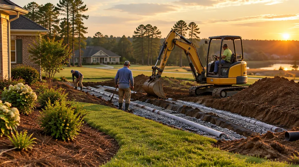 A crew repairing a drain field with a small excavator in Indian Land, SC