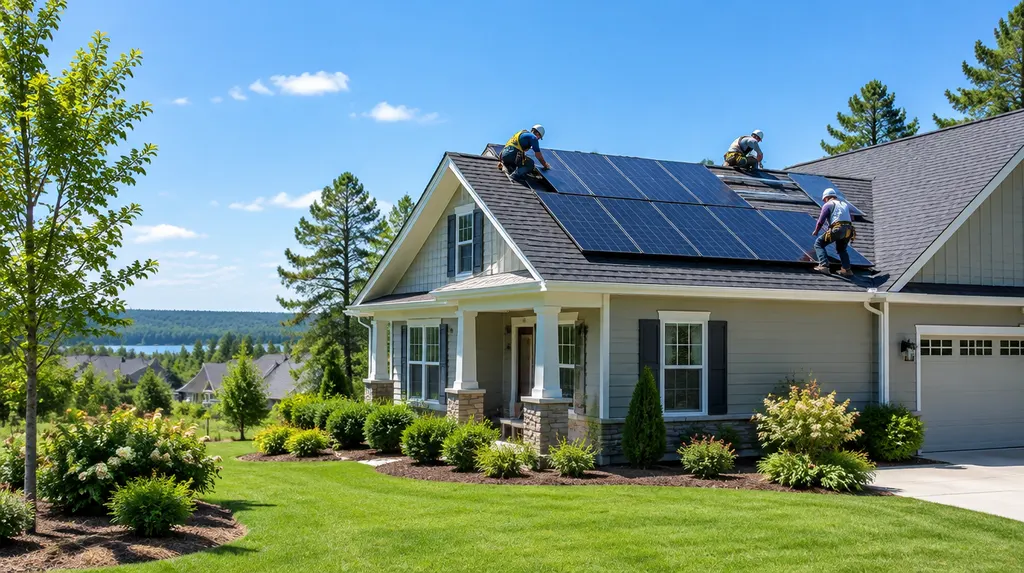 Installers mounting solar panels on a sunny roof in Indian Land, SC