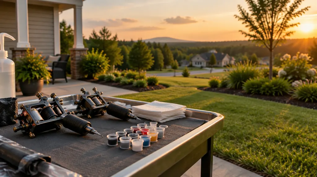 Tattoo machines and ink caps on a tray in Indian Land, SC