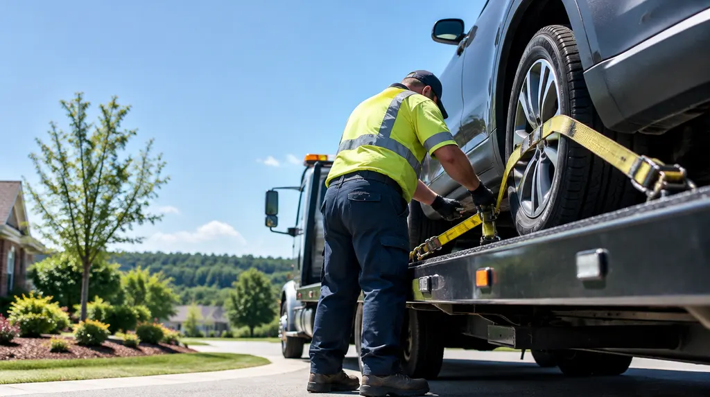 A tow truck driver securing a vehicle with straps in Indian Land, SC