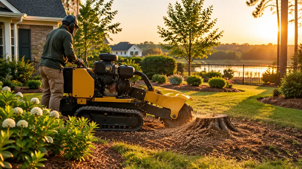 A stump grinder working in a sunny backyard in Indian Land, SC