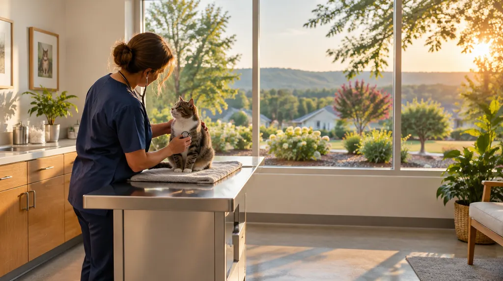 A vet checking a cat in a bright clinic in Indian Land, SC