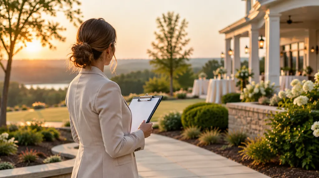 A planner holding a clipboard at an elegant venue in Indian Land, SC