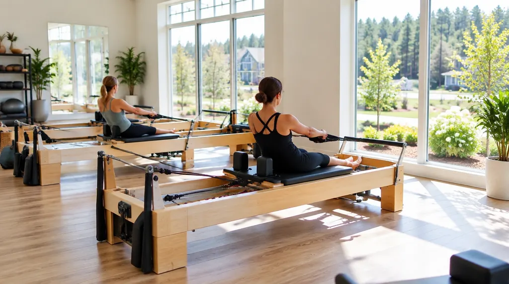 Pilates reformer machines in a bright studio in Indian Land, SC