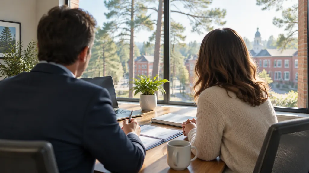 A CPA meeting a small business owner in a bright office in Lexington, SC