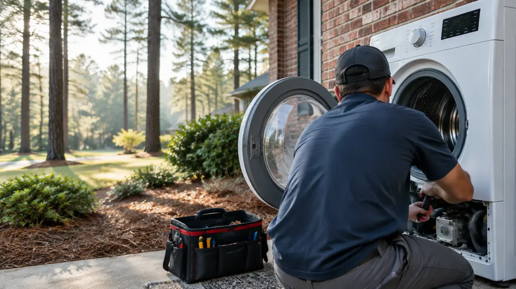 A technician fixing a front-load washer in Lexington, SC