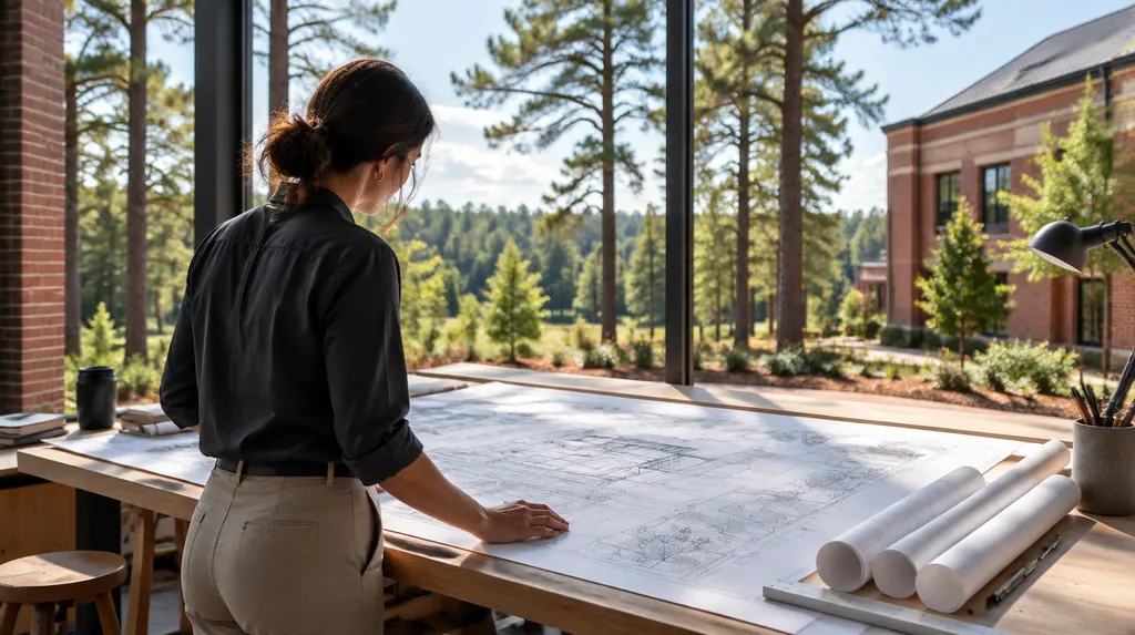 An architect reviewing blueprints at a drafting table in Lexington, SC