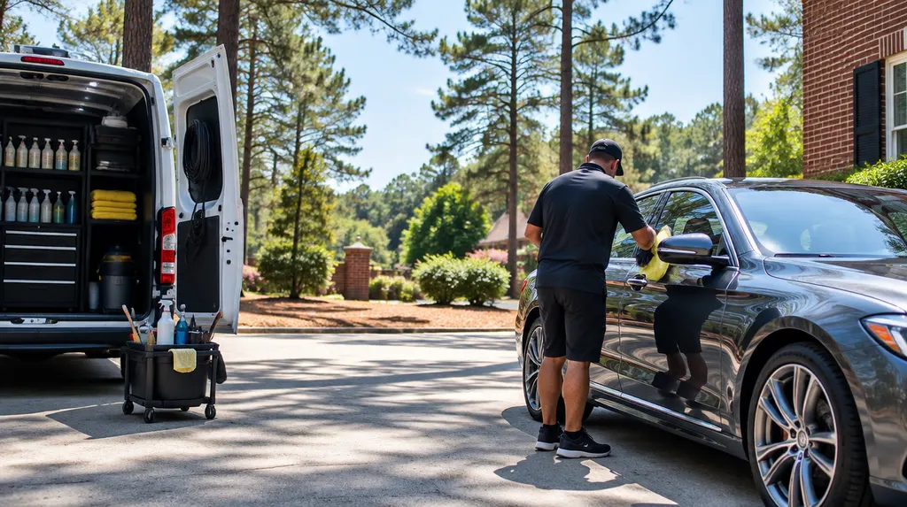 A mobile detailing van parked beside a gleaming sedan in Lexington, SC