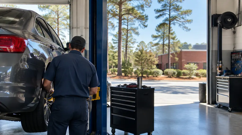 A clean auto shop service bay with a car inside in Lexington, SC