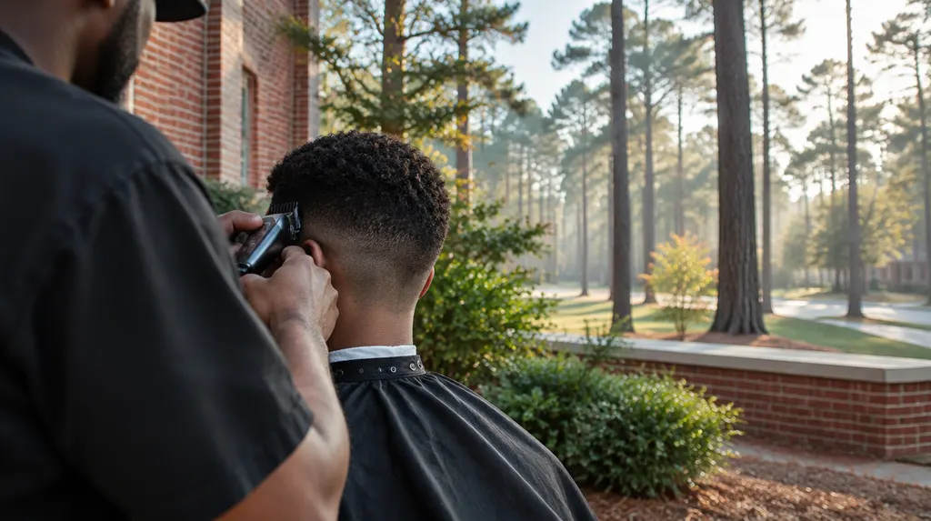 A barber trimming a fade with clippers in Lexington, SC