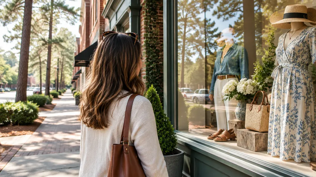 A boutique window display on a sunny street in Lexington, SC