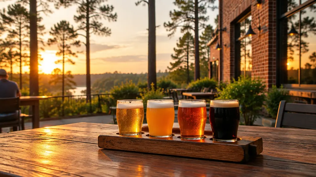 A flight of beers on a wooden board in Lexington, SC