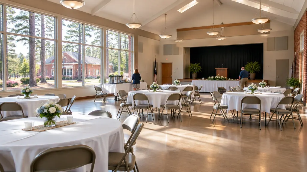 A bright community fellowship hall set for an event in Lexington, SC