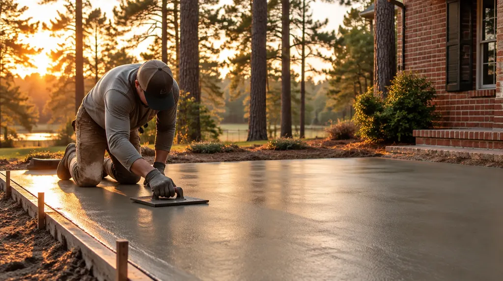 A finisher troweling a fresh patio slab in Lexington, SC