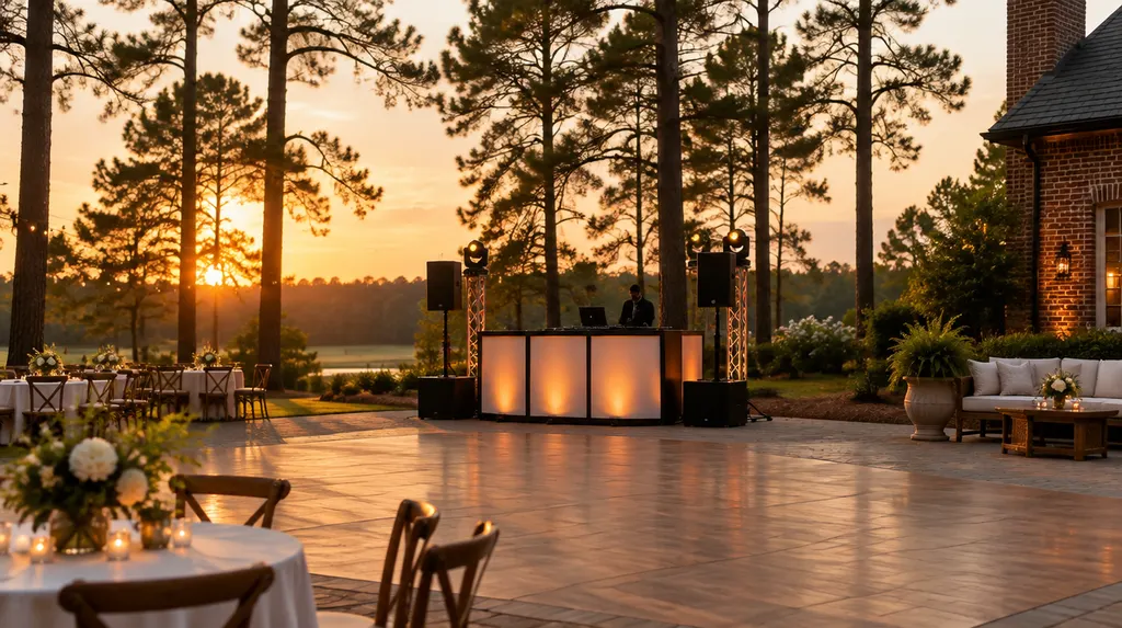 A DJ booth with lights at a wedding reception in Lexington, SC