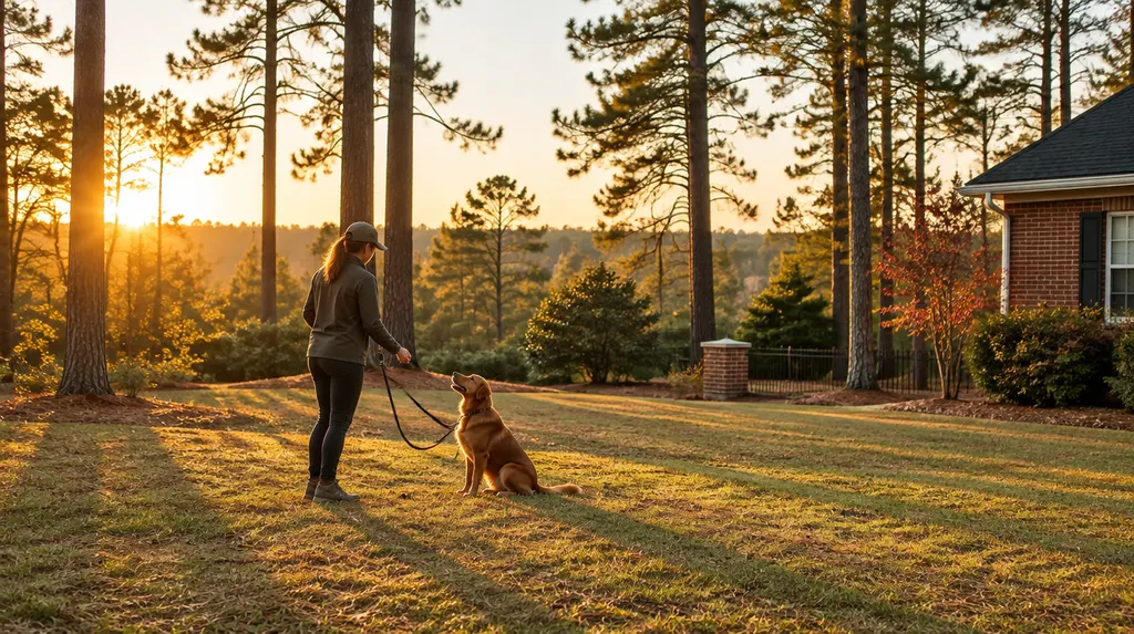 A trainer working with a dog on a leash in a yard in Lexington, SC