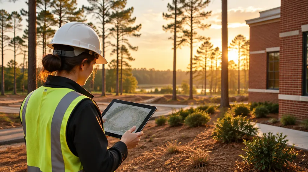 An engineer reviewing site plans on a tablet in Lexington, SC