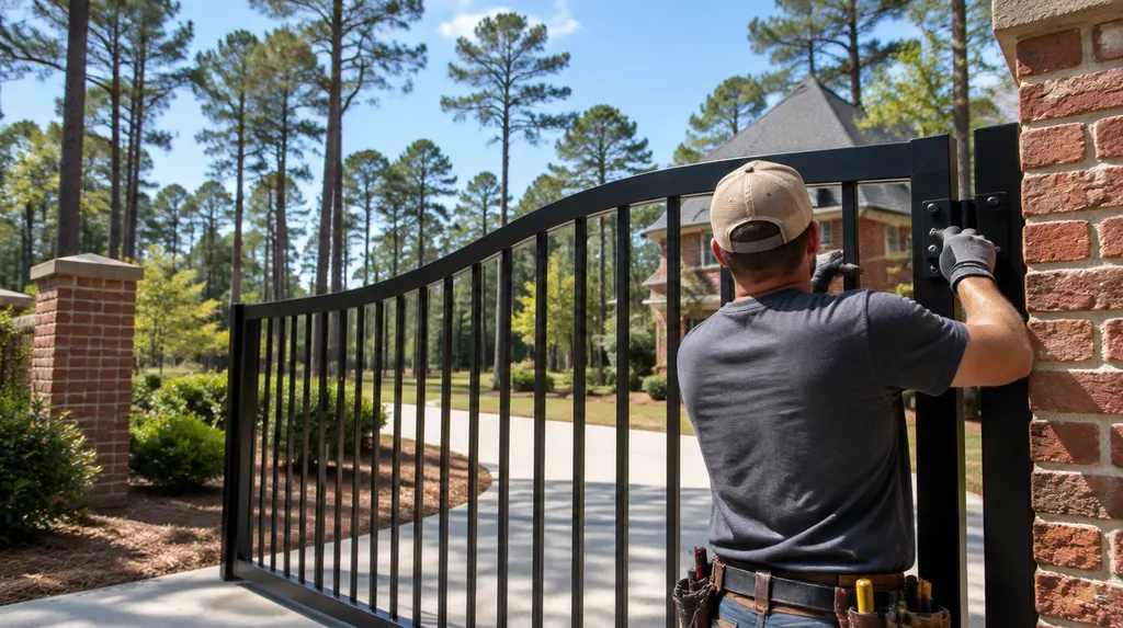 An installer hanging a black aluminum gate in Lexington, SC
