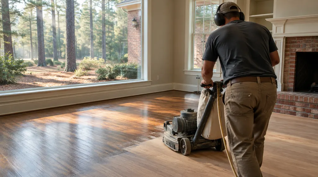 A craftsman refinishing a hardwood floor in Lexington, SC