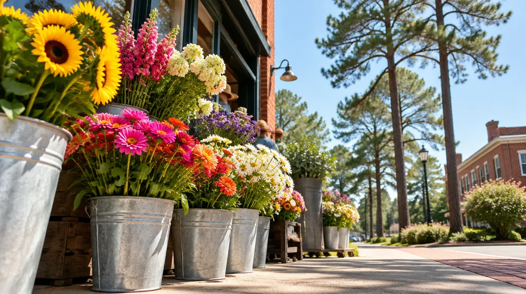 Buckets of fresh flowers in a shop in Lexington, SC