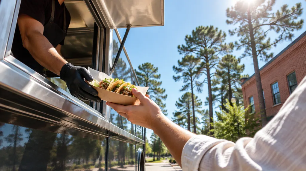 A food truck window with tacos being handed out in Lexington, SC