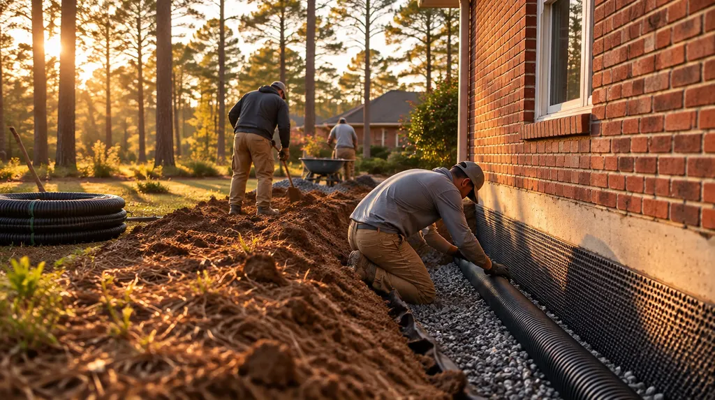 A crew installing drainage along a house foundation in Lexington, SC