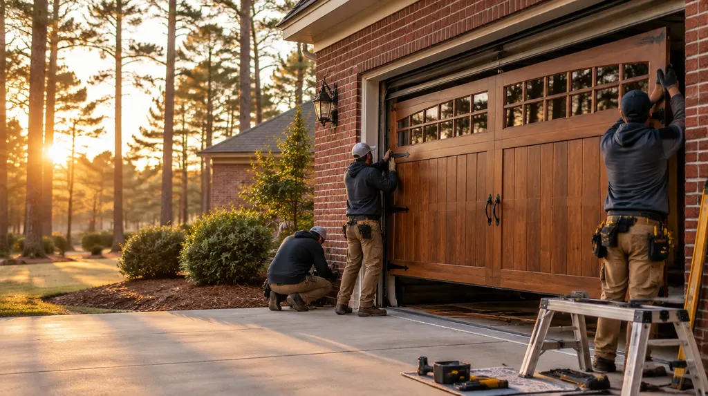 A crew installing a new carriage-style garage door in Lexington, SC