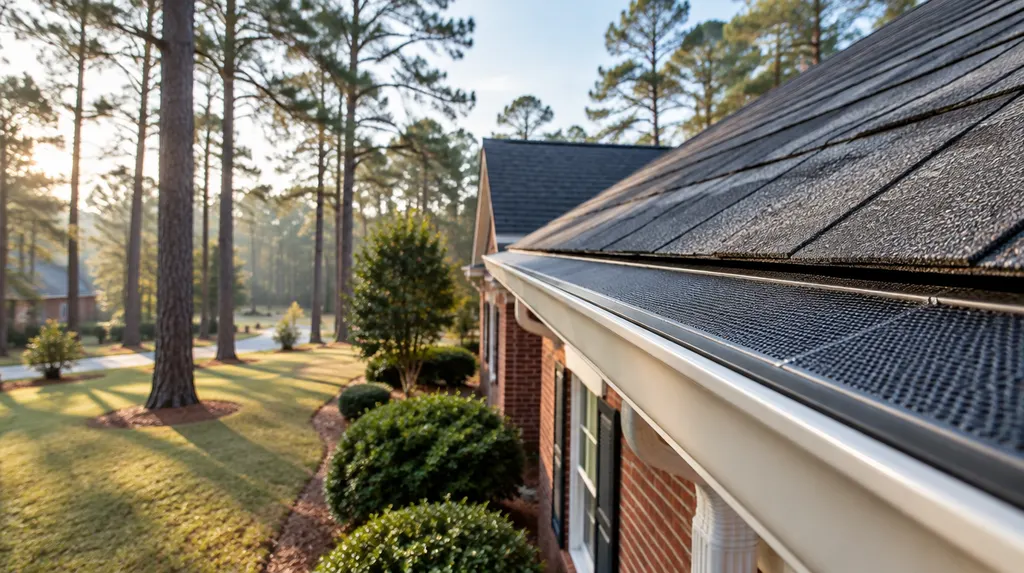 Close-up of new gutter guards on a roofline in Lexington, SC