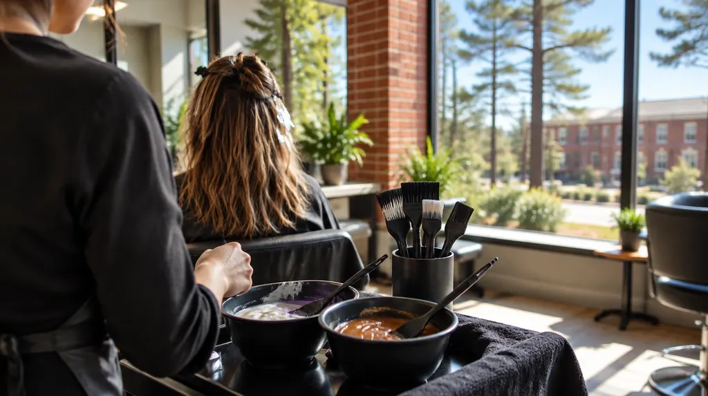 Hair color bowls and brushes on a salon station in Lexington, SC